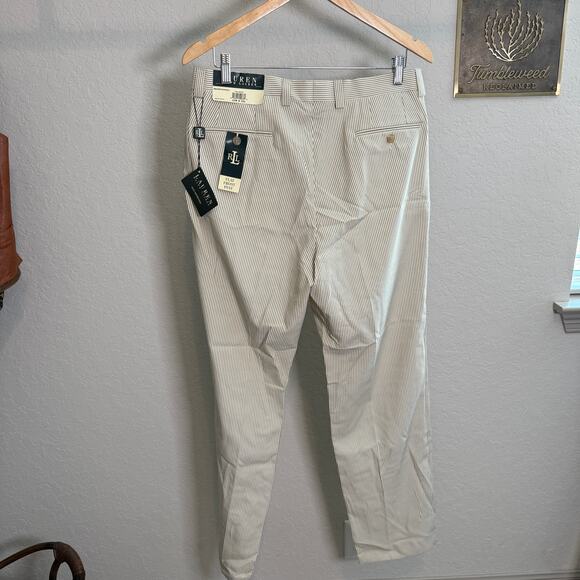 Men's Lauren Ralph Lauren Tan White Striped Seersucker‎ Dress Pants 33 x 32 NEW - Picture 8 of 11
